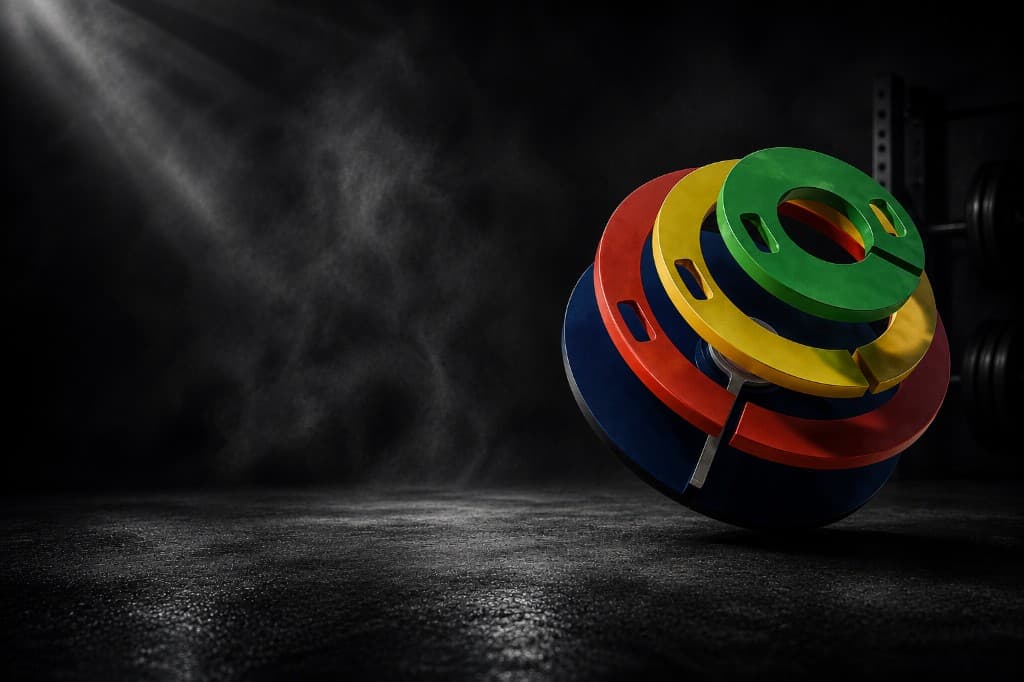 APEX modular Olympic plates in a smoky gym environment
